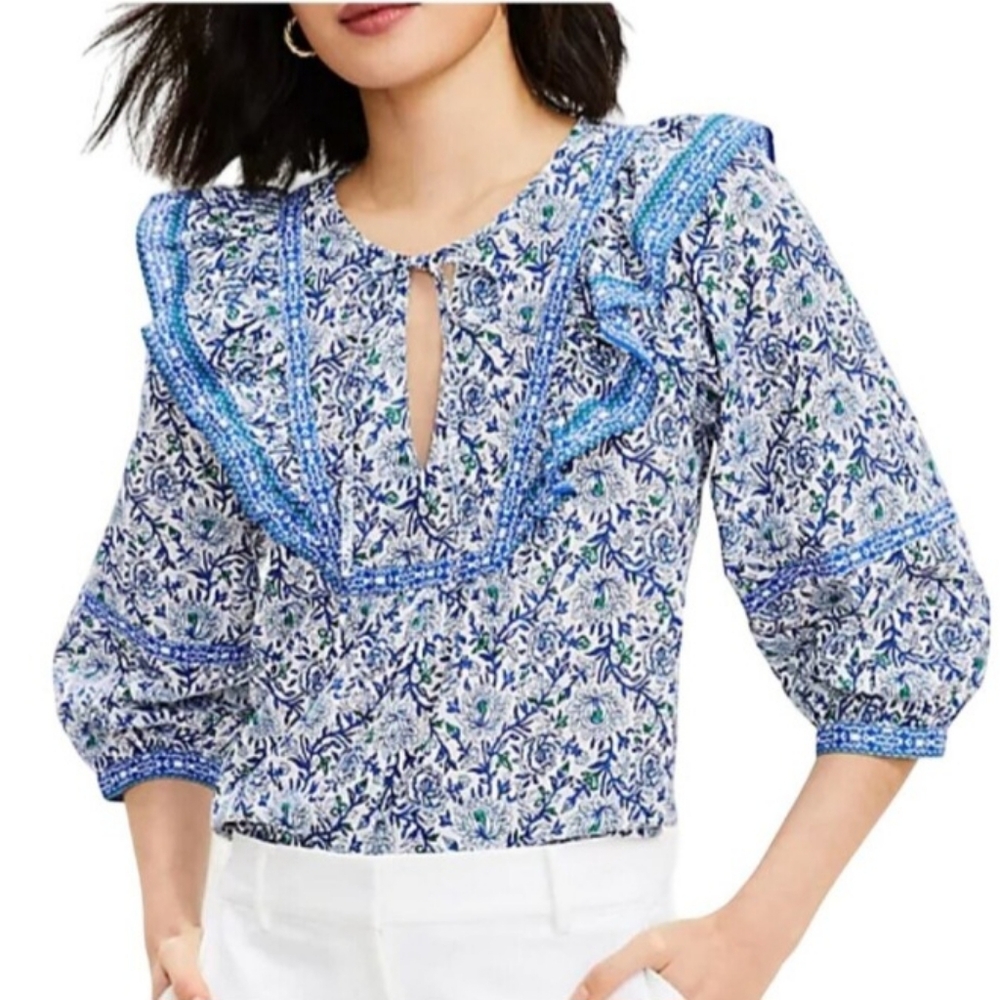 Loft Floral Boho Popover Blouse Top Size Medium Blue White Casual NEW NWT